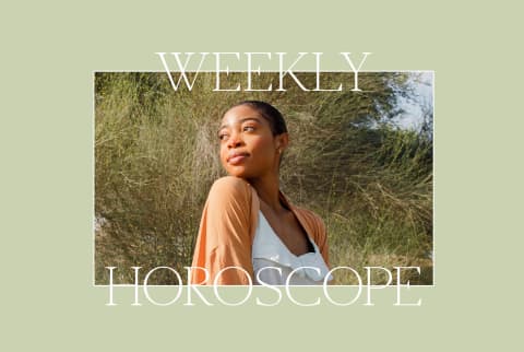 woman with weekly horoscope overlay